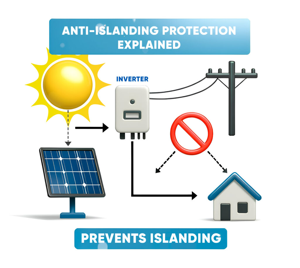 Visual explanation of how anti-islanding protection automatically shuts down a grid-tied solar system during a power outage.