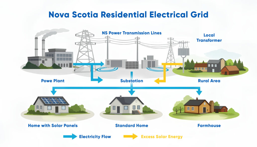 Simplified overview of Nova Scotia’s residential electrical grid, showing how solar-powered homes connect to local transformers and the NS Power network.