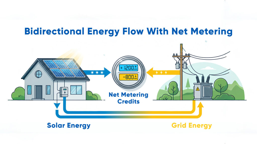 Bidirectional energy flow between a solar home and the electrical grid through net metering.