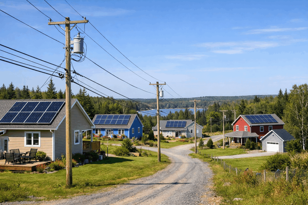 Solar-powered homes in a semi-rural Nova Scotia community connected through local distribution lines.