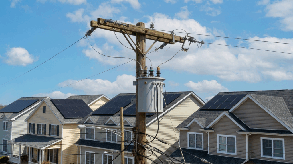Local transformer connecting several solar-powered homes to the electrical grid in Nova Scotia.